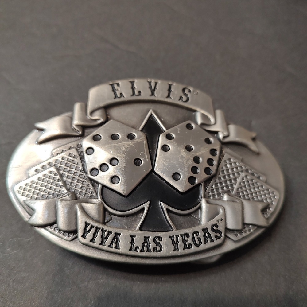 Vintage Elvis Viva Las Vegas Belt Buckle Silver Dice Spades Cards Casino Gamble
